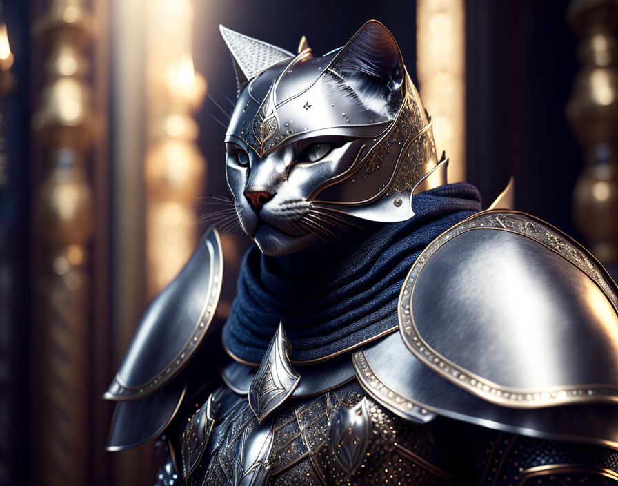 Majestic cat in ornate medieval armor on warm golden backdrop