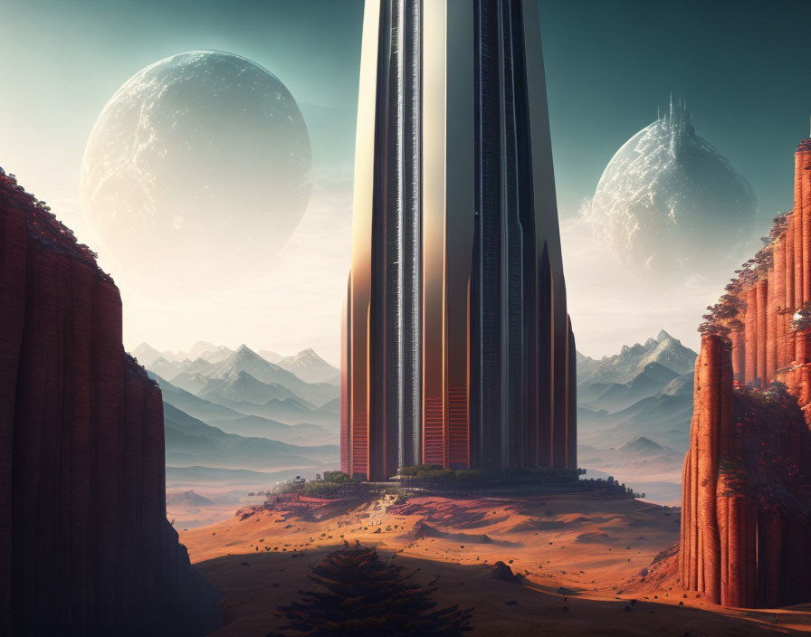 Futuristic tower in desert landscape with moons.