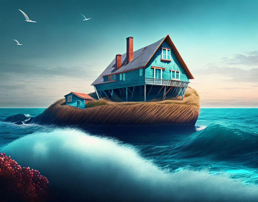 Surreal blue house on isolated hill by tranquil sea.