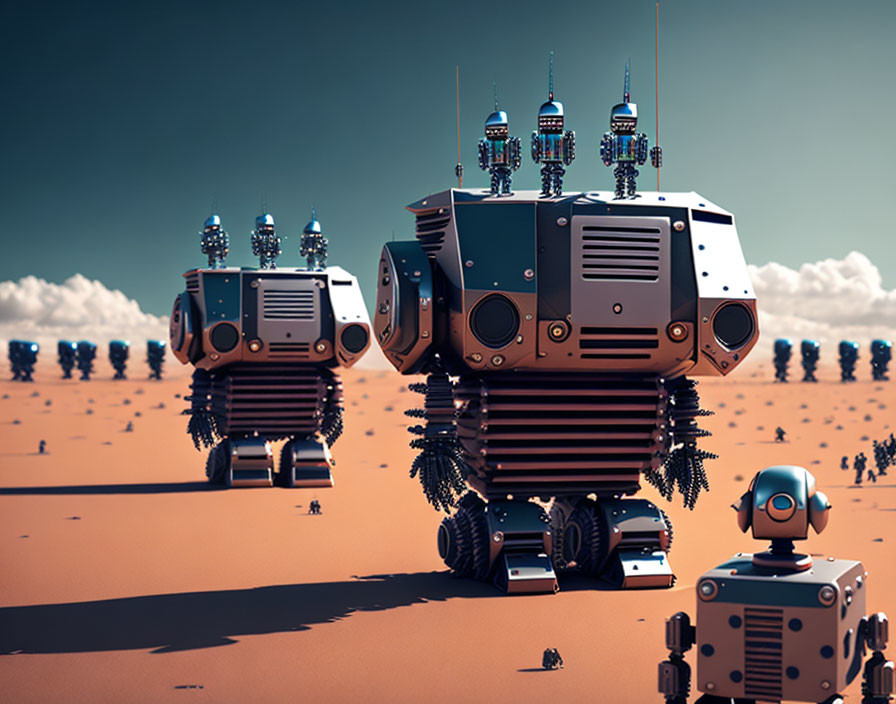 Four robots on desert landscape with antenna arrays under clear sky