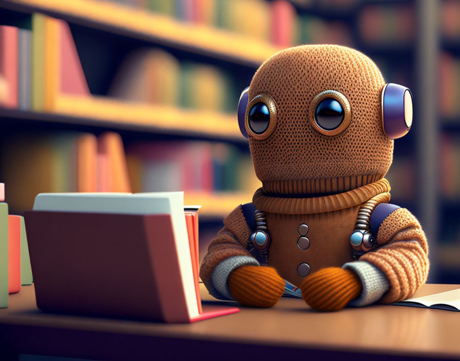 Robot-like animated character with knitted texture and headphones in library setting