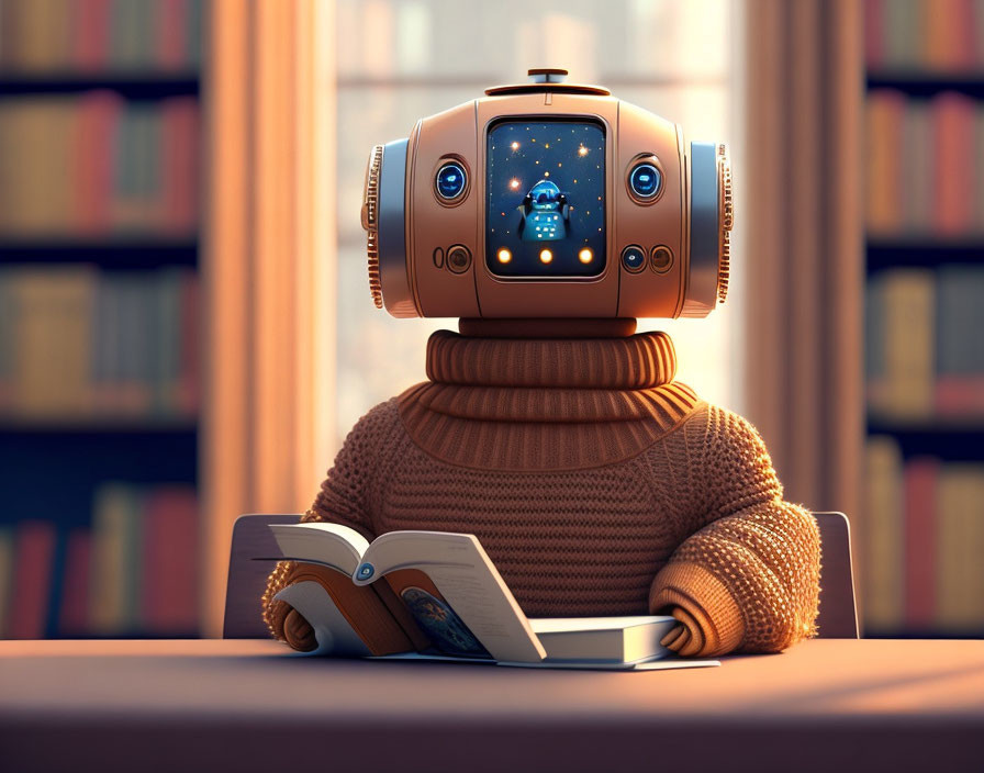 Robot with starry screen face in turtleneck sweater reading book in sunny library