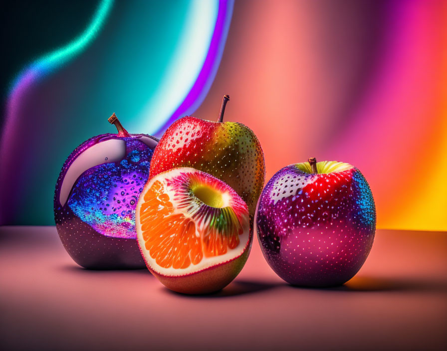 Vibrant surreal fruits against abstract illuminated background