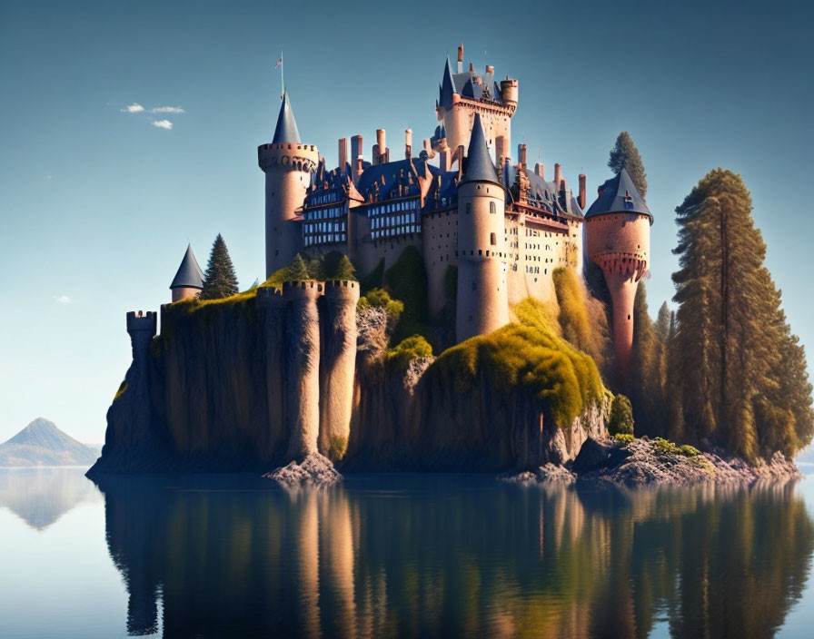 Majestic castle with towers and spires on green hill by tranquil lake