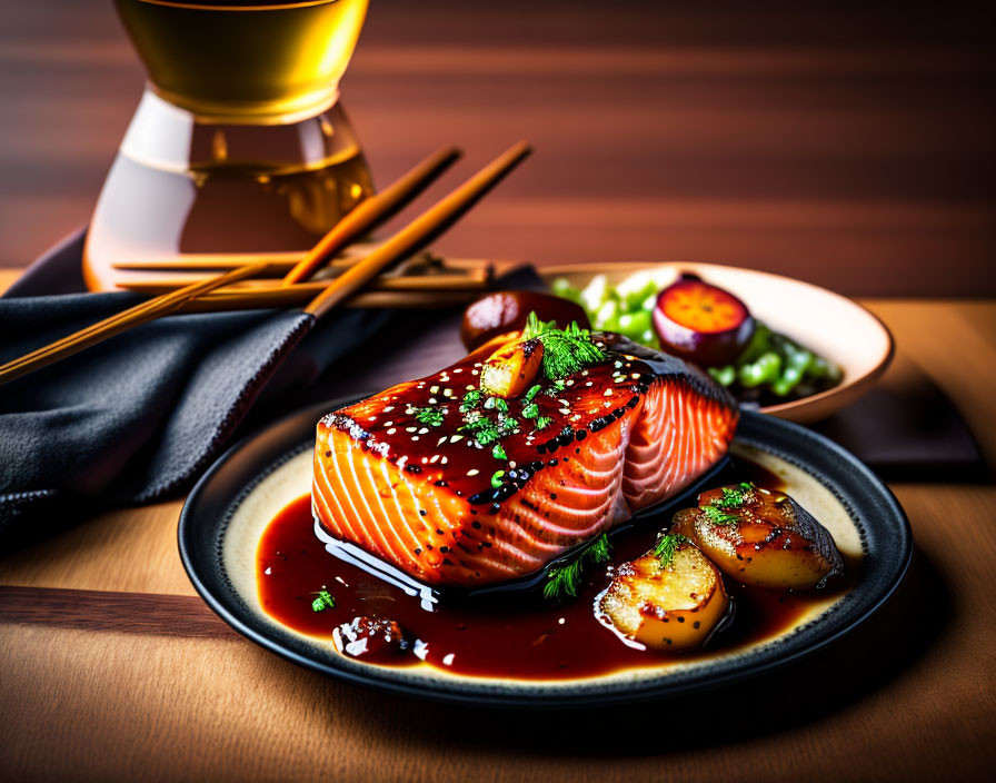 Grilled Salmon and Scallops Plate with Sesame Seeds on Black Plate