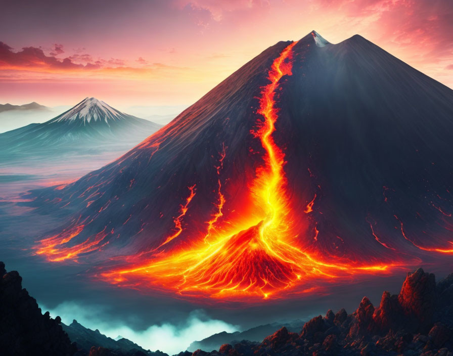 Fiery volcanic eruption with flowing lava and red skies