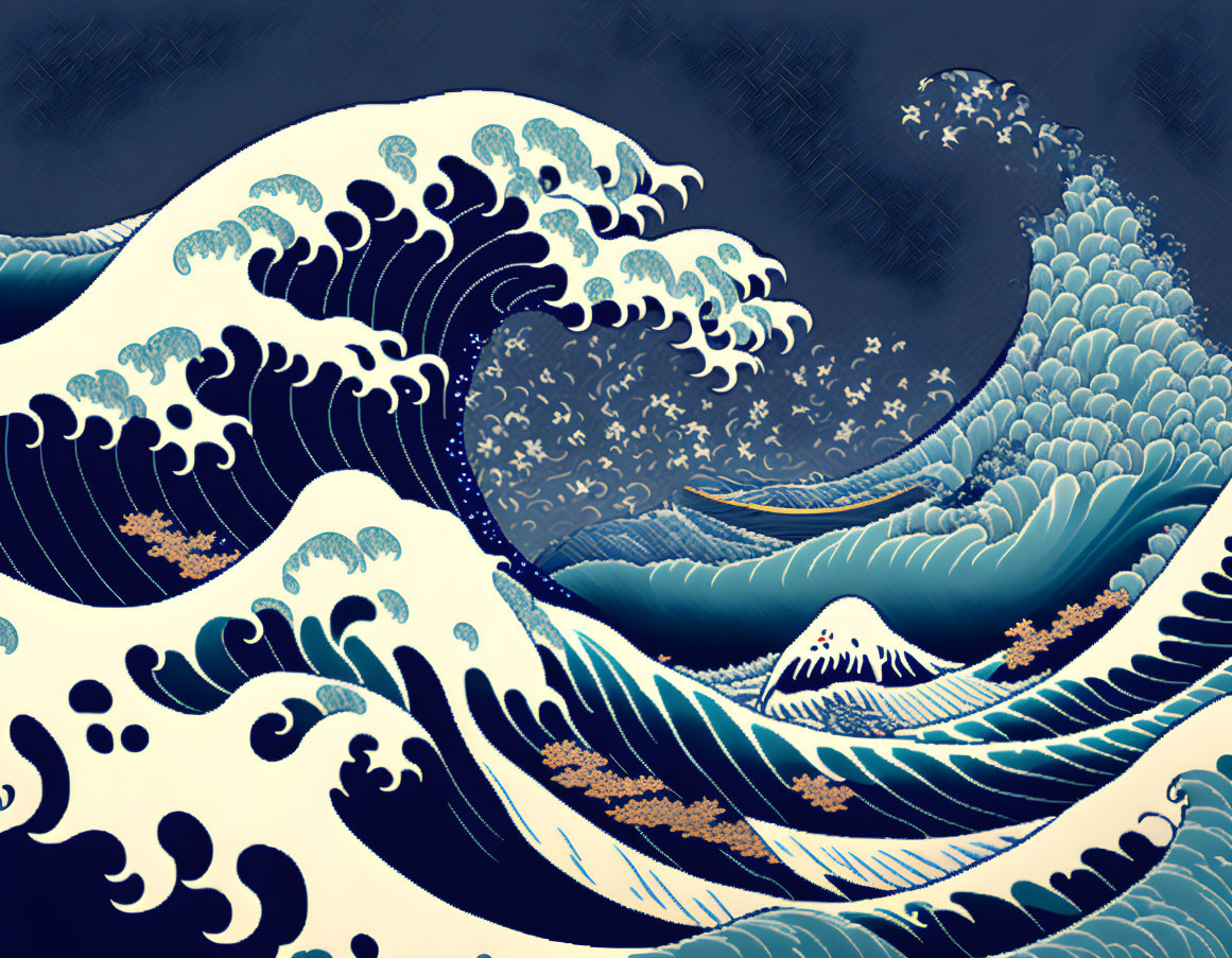 Traditional Japanese style artwork: Powerful wave over Mt. Fuji