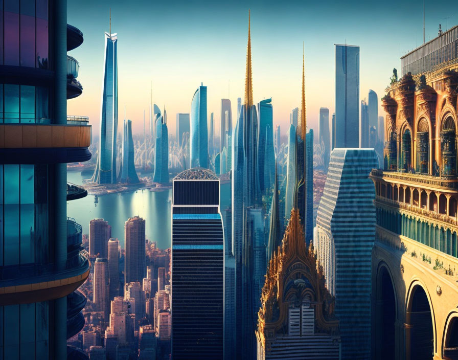 Futuristic cityscape blending modern and classical architecture at dusk