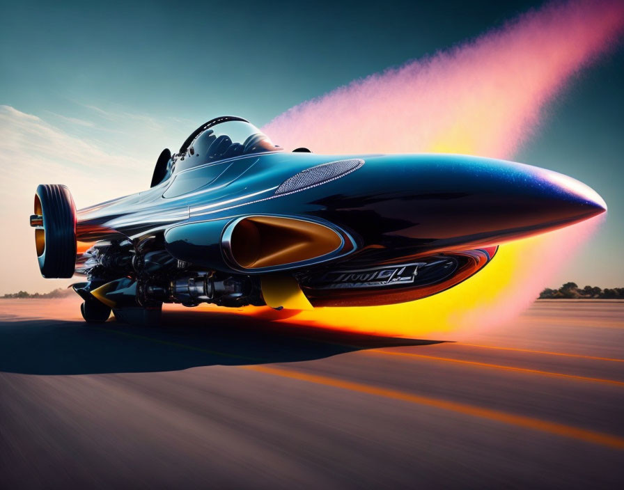 Jet-Powered Car with Flame Trail on Runway at Dusk