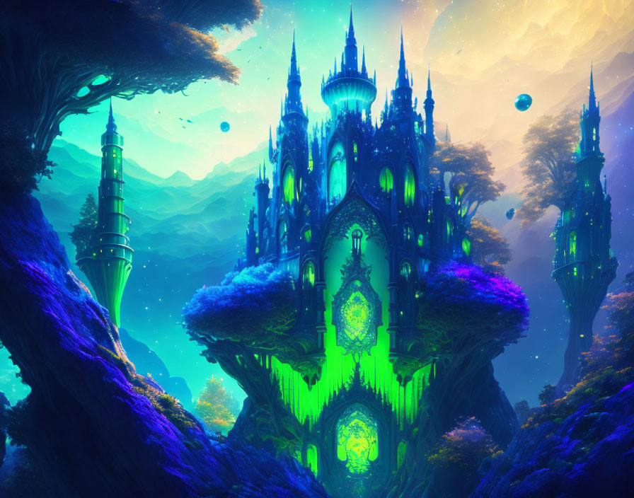 Neon-lit castle on floating island with lush trees and orbs