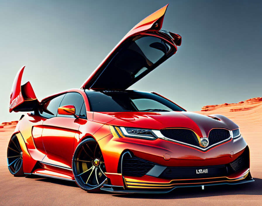 Metallic Red Sports Car with Gull-Wing Doors on Desert Road