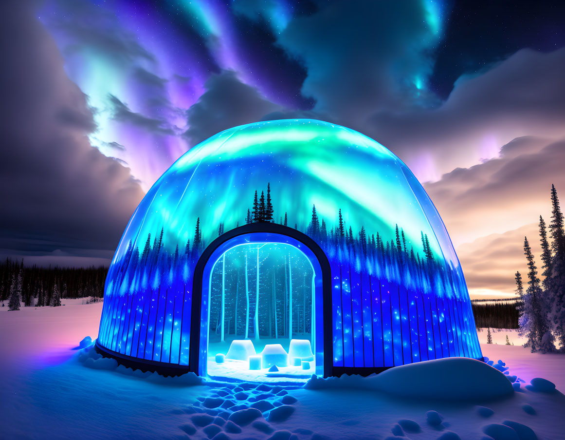 Snowy landscape with illuminated igloo under vivid aurora borealis