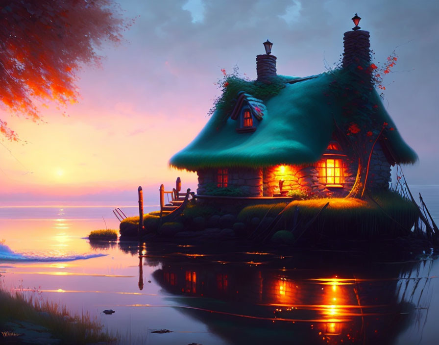 Thatched Cottage by Calm Lake at Sunset