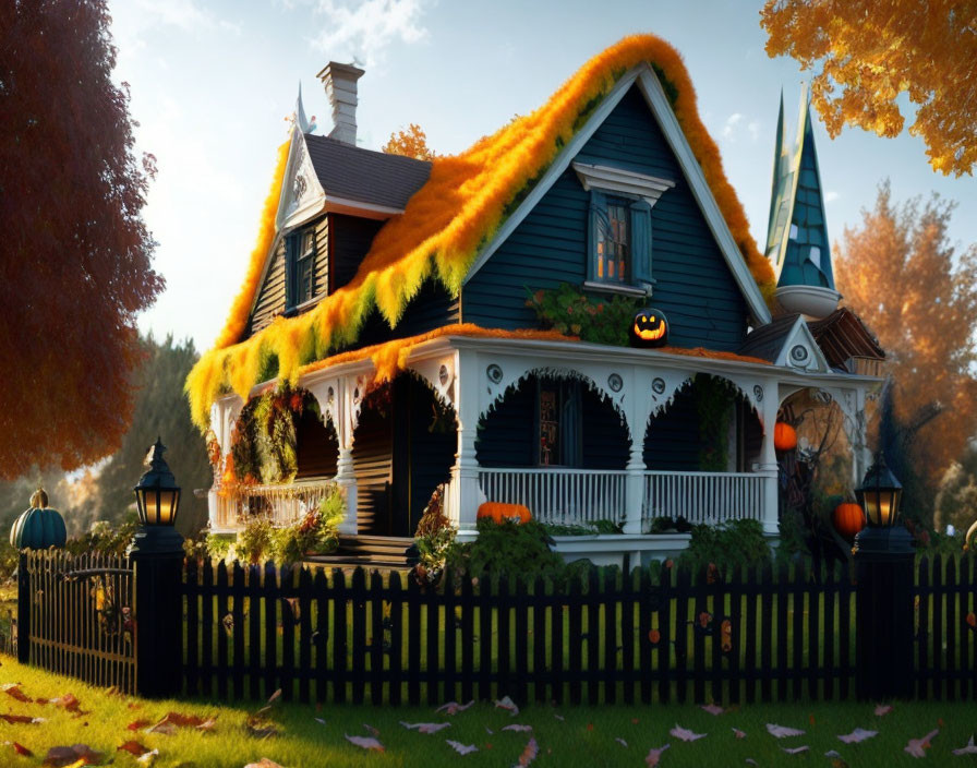 Victorian house with Halloween decorations and pumpkins in fall setting