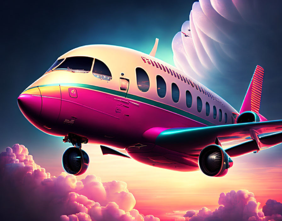 Colorful Commercial Airplane Soaring in Stylized Sky