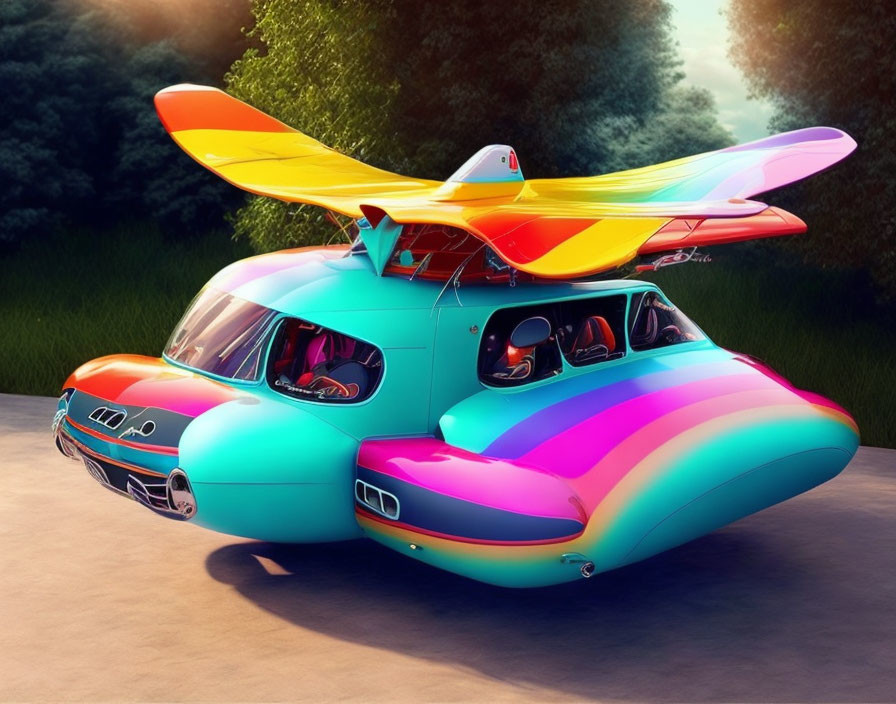 Colorful retro-futuristic car with propeller and wings in greenery landscape