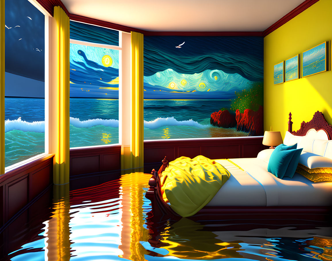 Surreal bedroom with "Starry Night" ocean mural and water floor