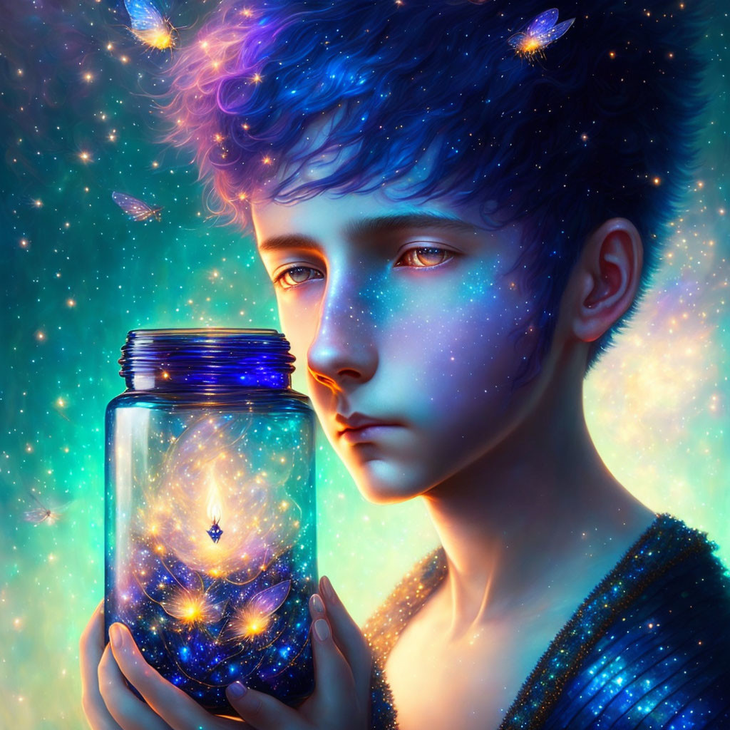 Boy with cosmic glow holds jar of galaxies and butterflies on starry backdrop