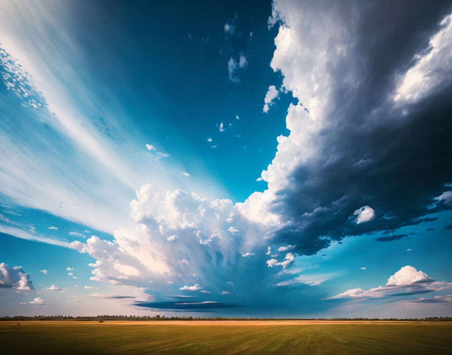 Dramatic sky with sunbeams over tranquil landscape