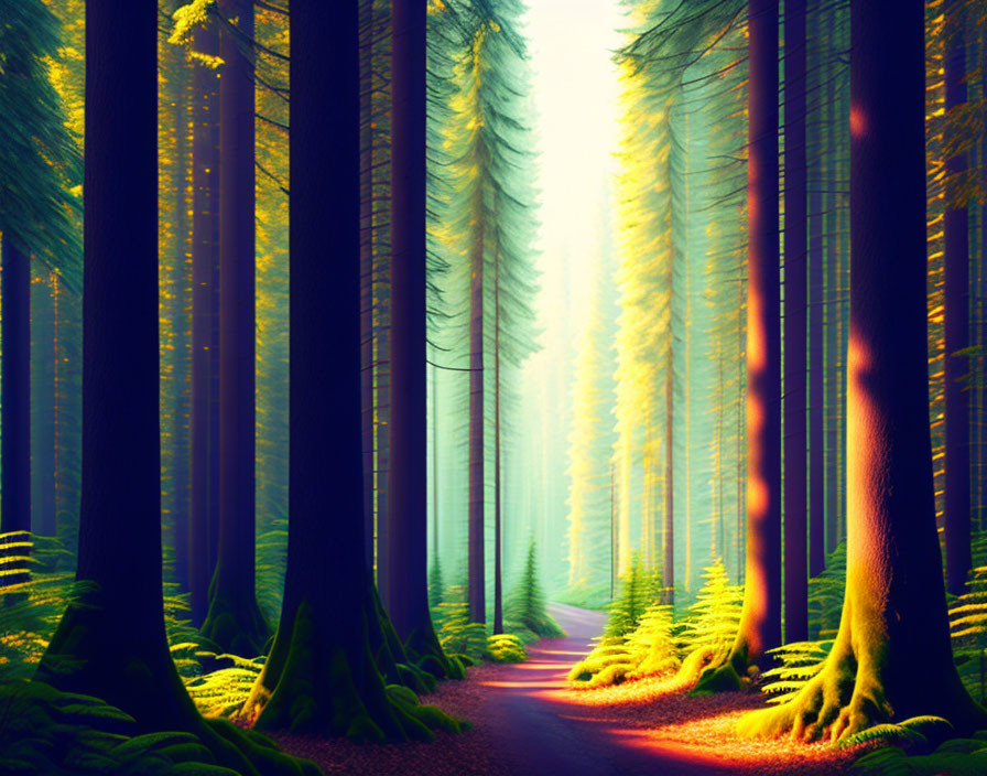 Tranquil Forest Scene with Towering Trees and Sunlit Path