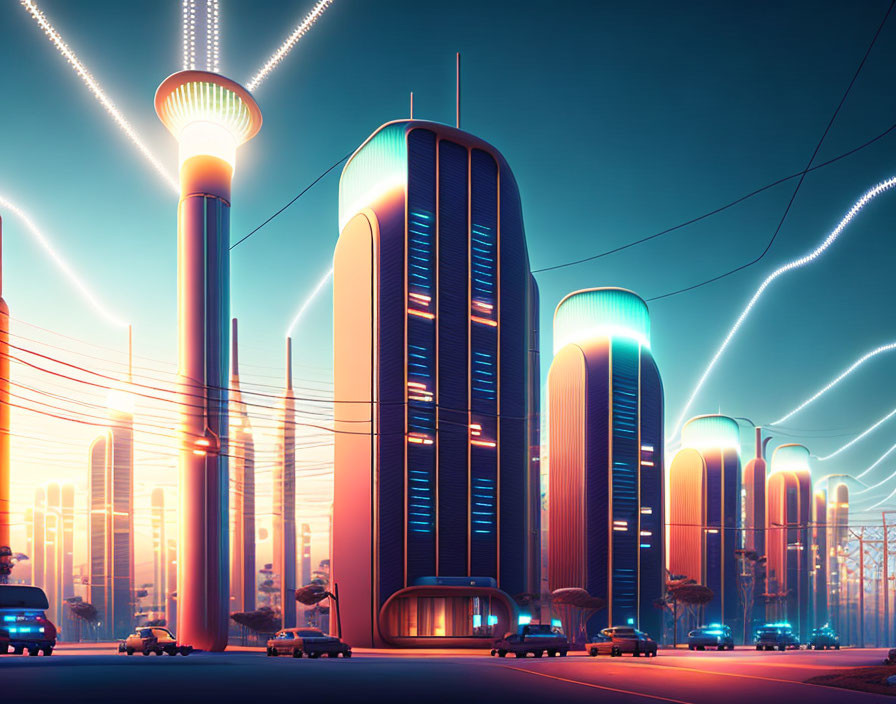 Retro-futuristic cityscape with neon lights and vintage cars at dusk