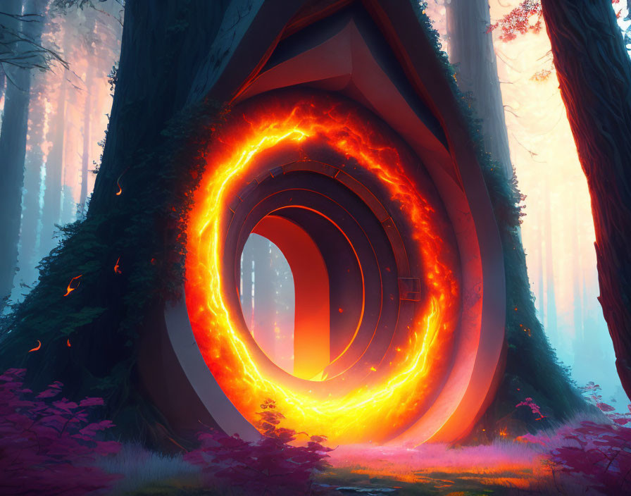 Fiery portal in mystical forest with towering trees