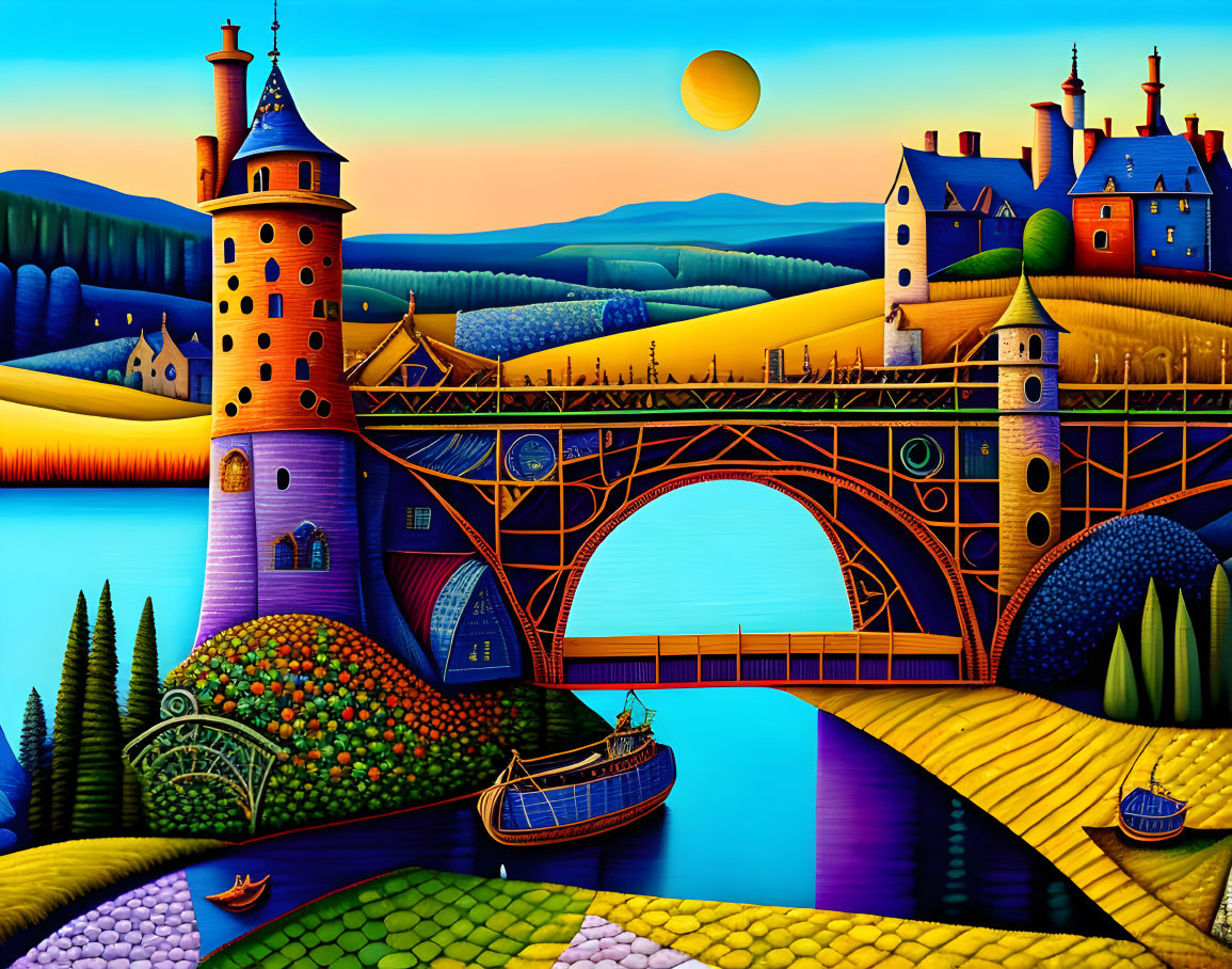 Colorful Artwork: Whimsical Castle, Bridge, Boats, and Sunset Sky