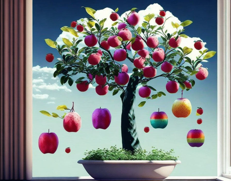 Digital artwork: Lush fruit tree in pot by window with colorful fruits suspended in air against blue sky