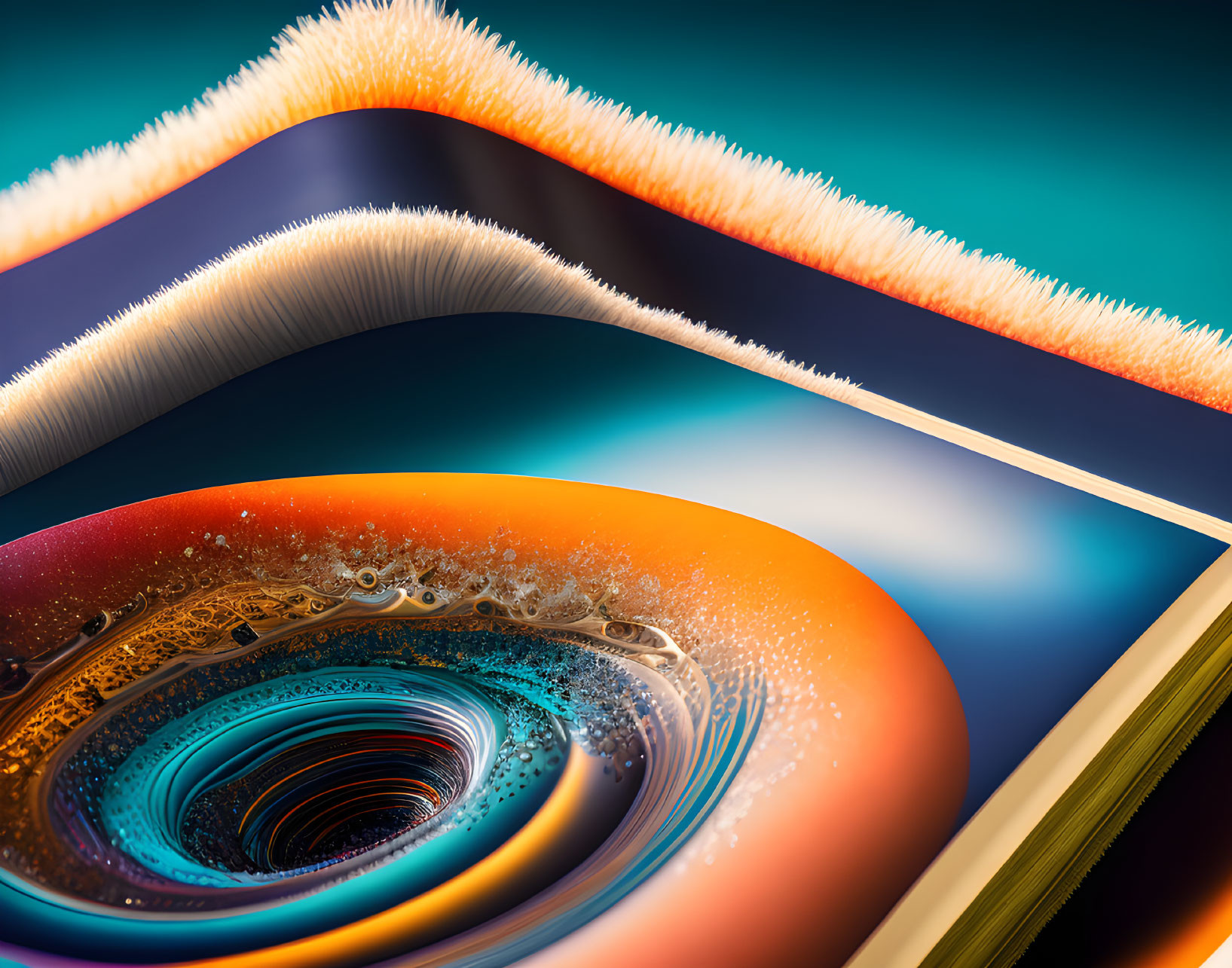 Vibrant abstract digital art: orange, blue, and white flowing shapes with liquid vortex and bubble