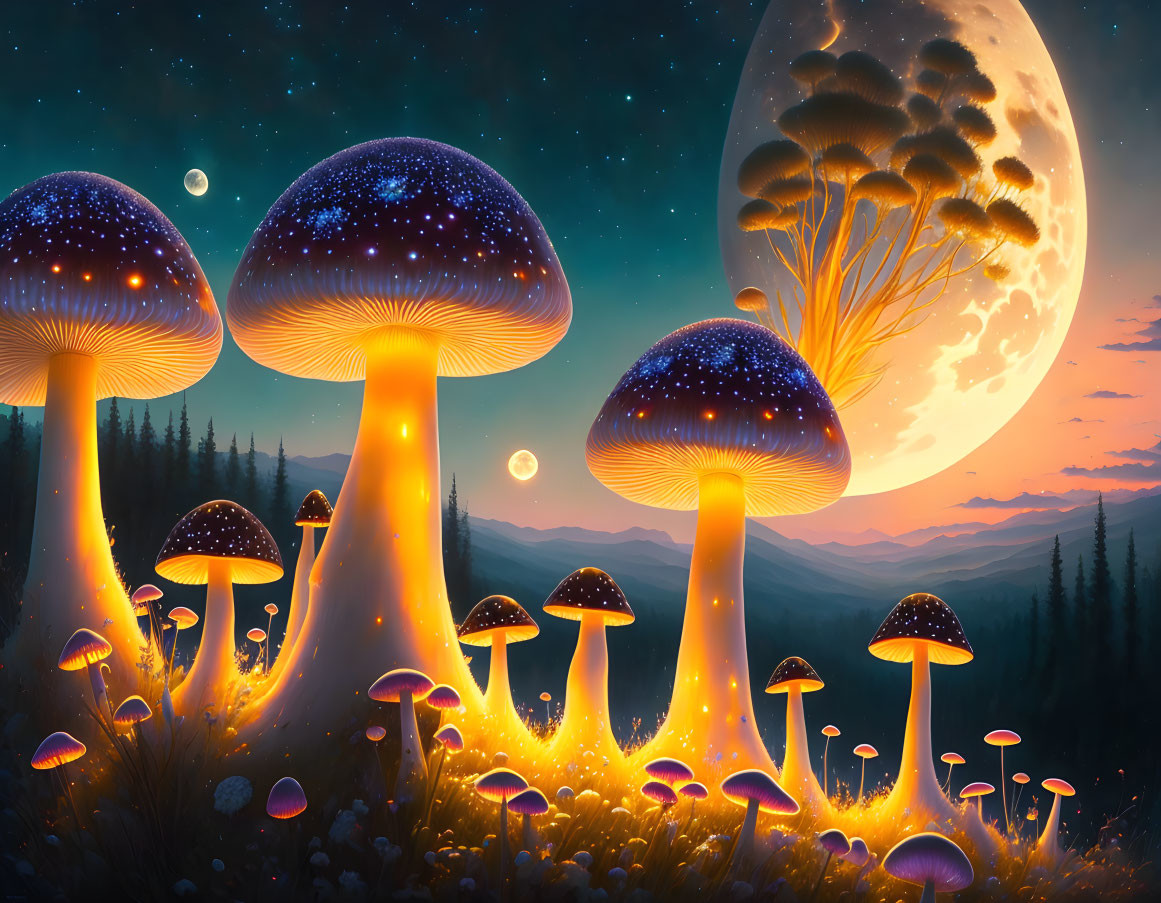 Fantastical landscape with glowing mushrooms under night sky