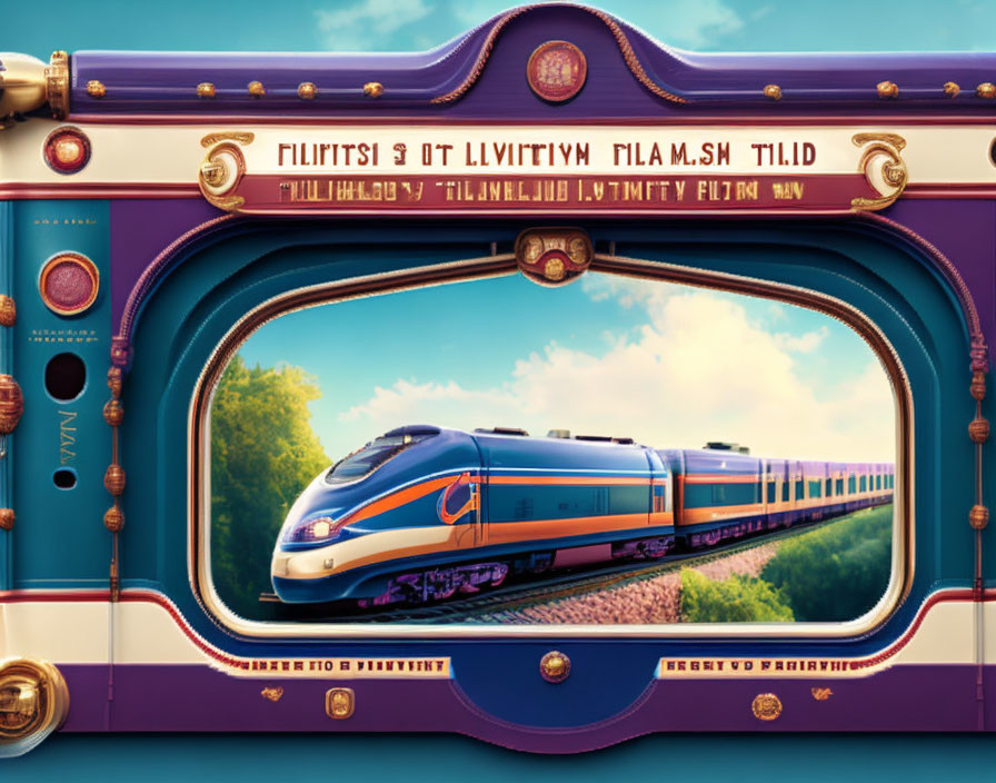 Modern high-speed train in vintage theater stage frame