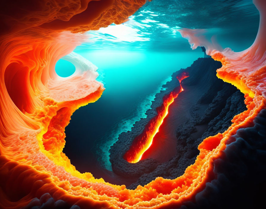 Digital artwork: Underwater scene meets volcanic environment with lava flow