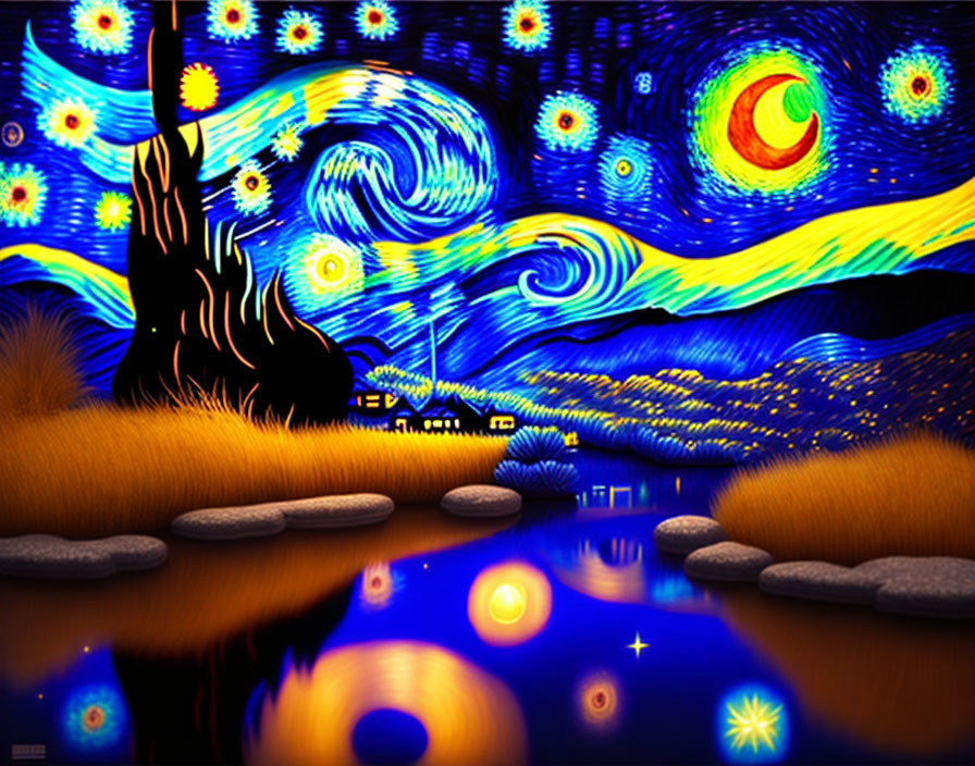 Digital Art: Vibrant interpretation of Starry Night with water reflection & star highlights