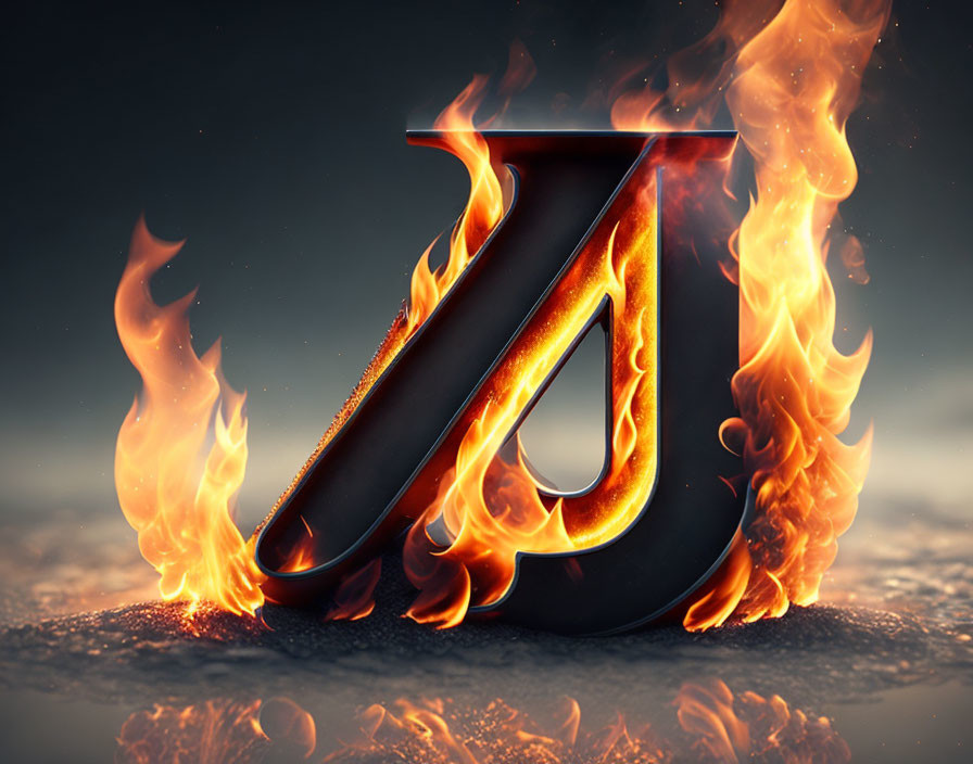 Metallic 3D letter 'A' surrounded by realistic flames on textured backdrop