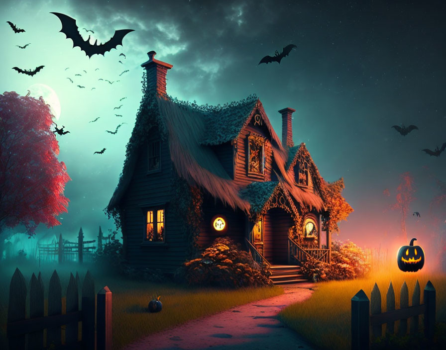 Cozy cottage with full moon, bats, jack-o'-lantern at night