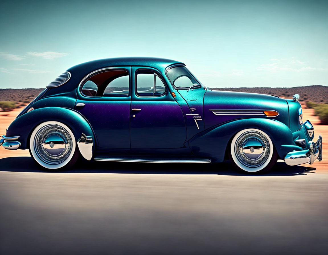 Classic Blue Car with Whitewall Tires on Desert Road