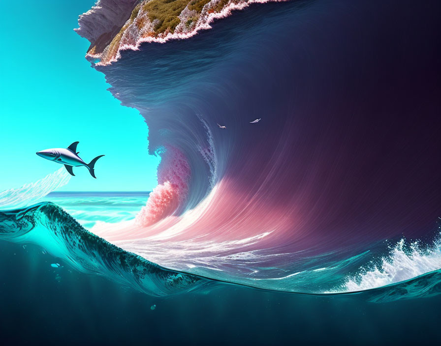 Digital artwork of giant wave loop with shark and seagulls above ocean cliff