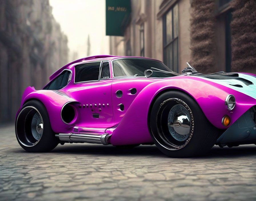 Vintage-Style Bright Pink Sports Car on Cobblestone Street