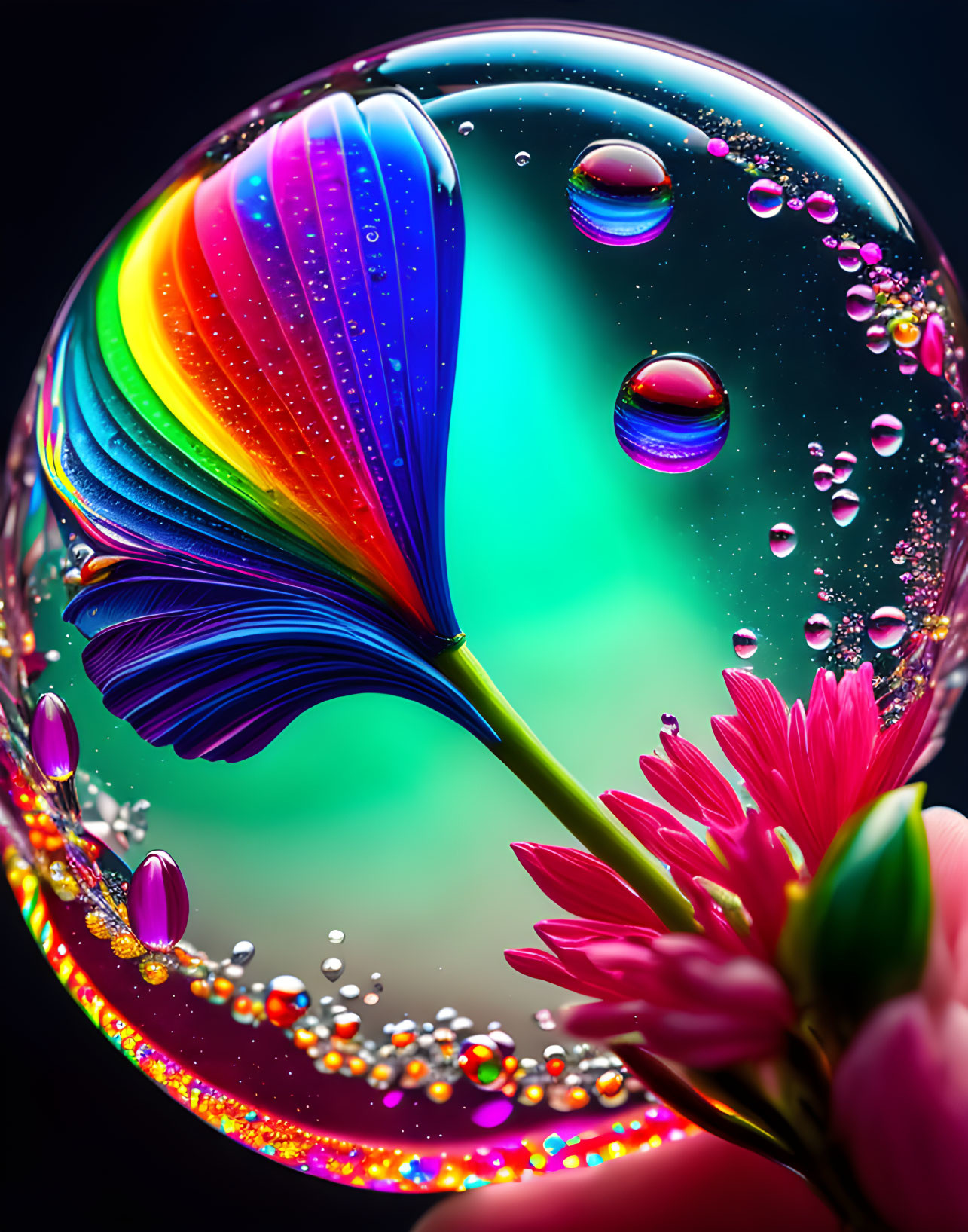 Colorful soap bubble with rainbow, water droplets, and pink flower on dark backdrop