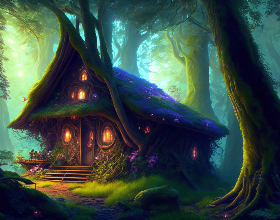 Whimsical treehouse in enchanting forest with glowing windows