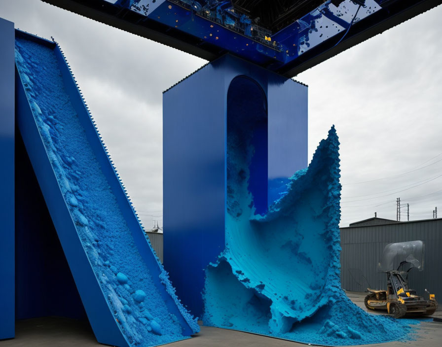 Blue-painted structures and bright blue substance splashing with construction loader.