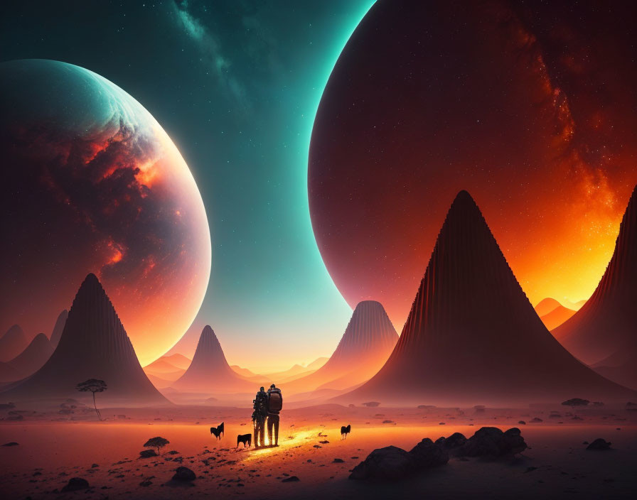 Alien planet with two people, dog, moons, mountains, red sky.