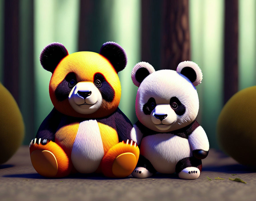 Colorful stylized panda figures in bamboo setting with yellow spheres on soft-focus background