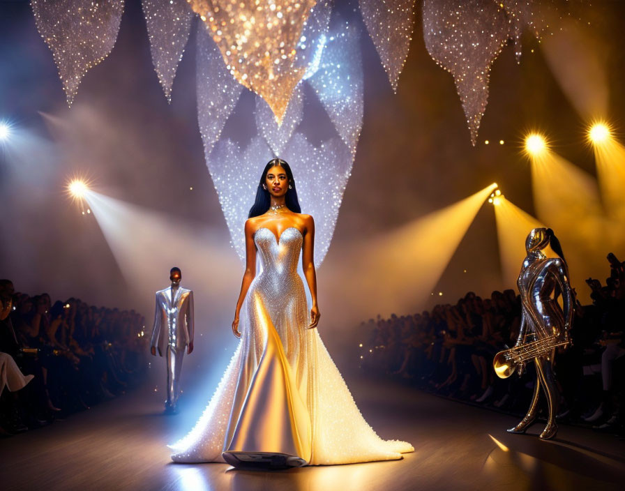 Fashion Show: Model in White Gown on Runway with Mannequins & Audience