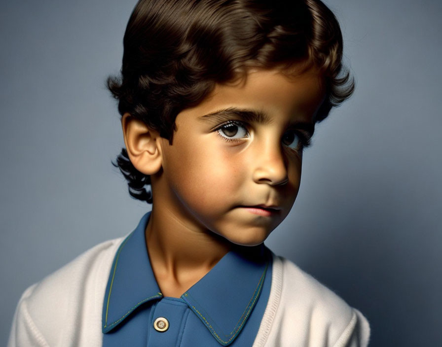 Young Child Portrait with Dark Curly Hair and Collared Shirt against Grey Background