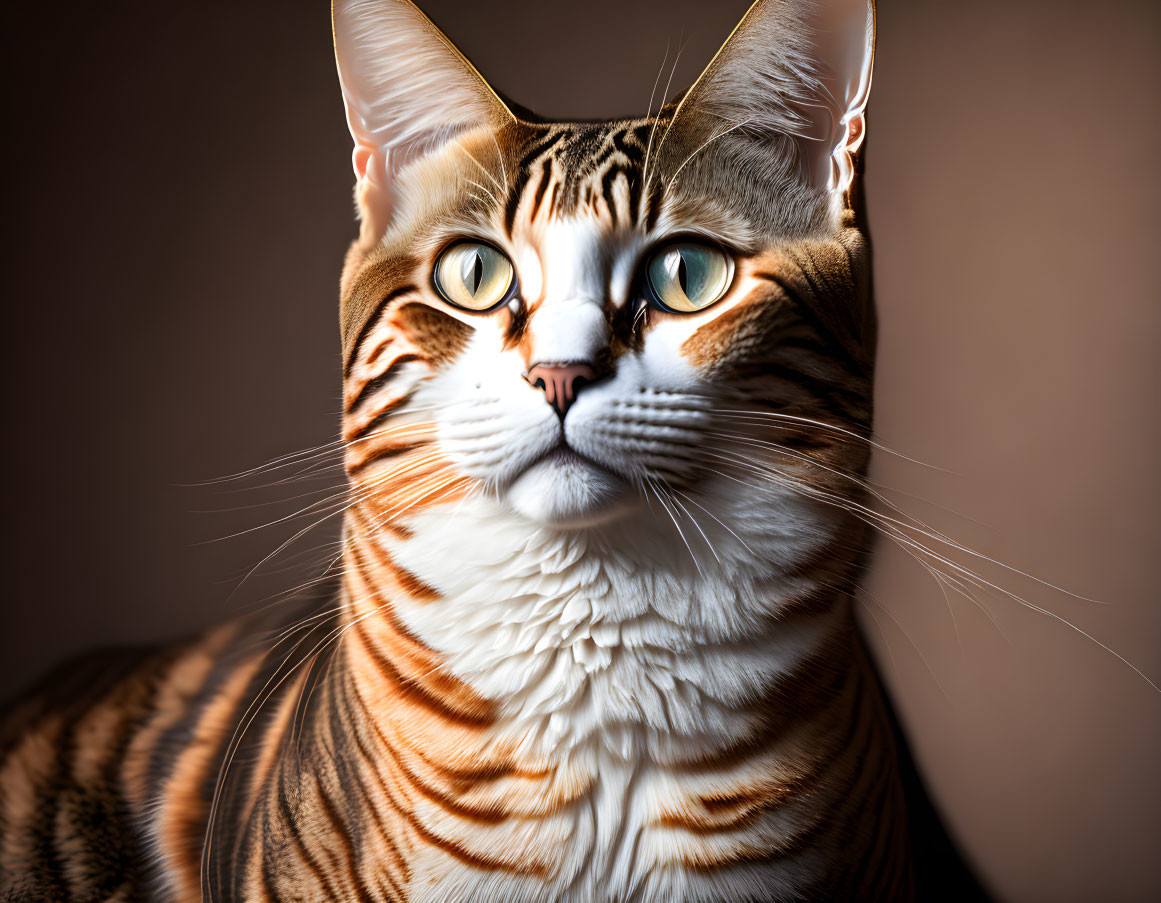 Tabby Cat with Green Eyes and Striped Fur on Brown Background