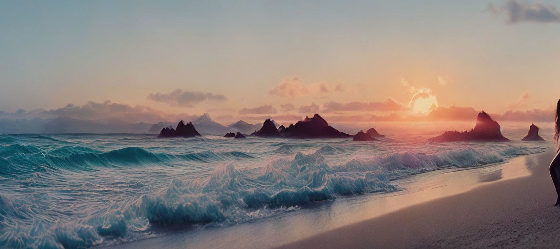 Panoramic Beach Sunset with Rolling Waves and Rock Formations