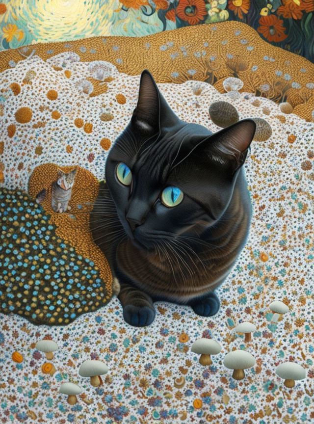 Surreal artwork: Large black cat with blue eyes in whimsical landscape