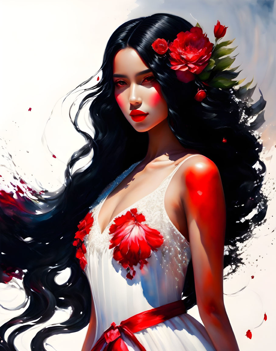 Digital artwork of woman with long hair and red flowers in white dress surrounded by abstract red elements