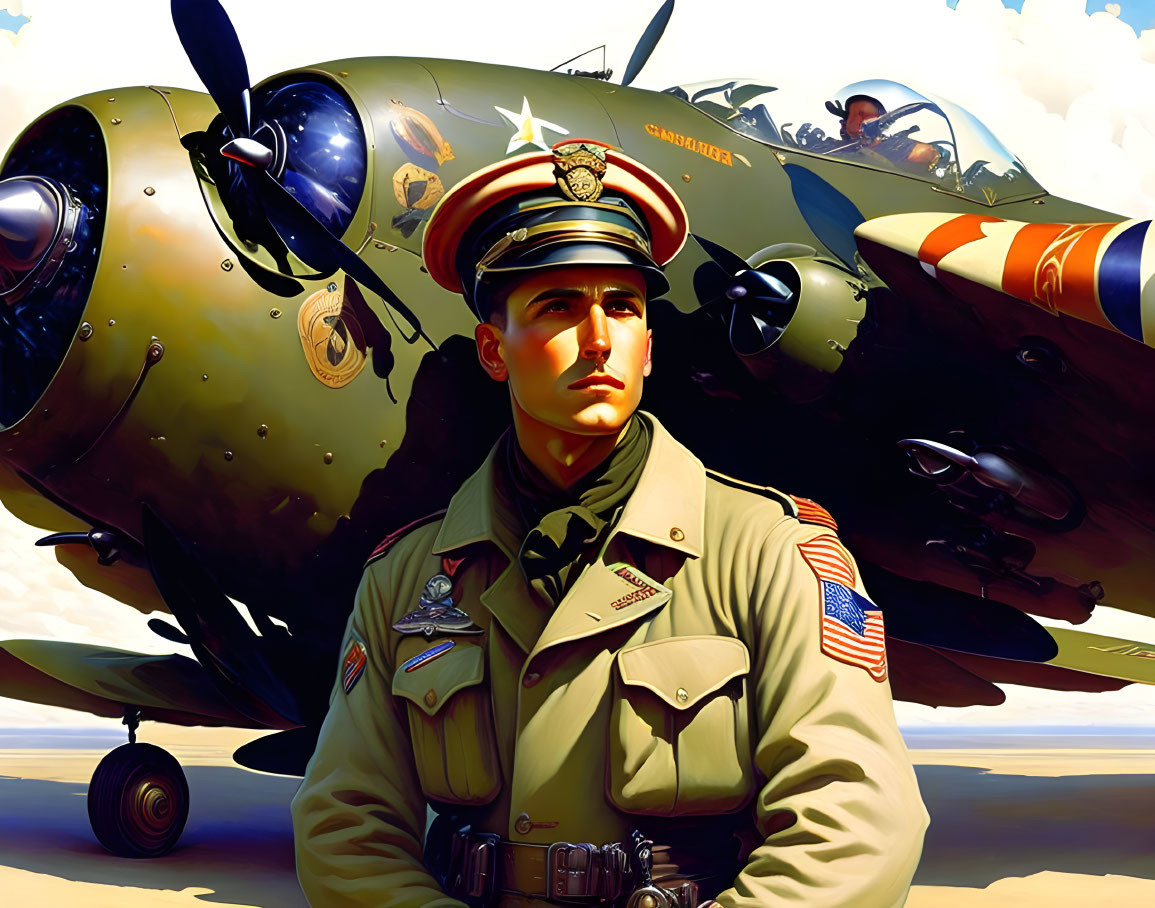 WWII-era fighter plane pilot in green uniform with medals